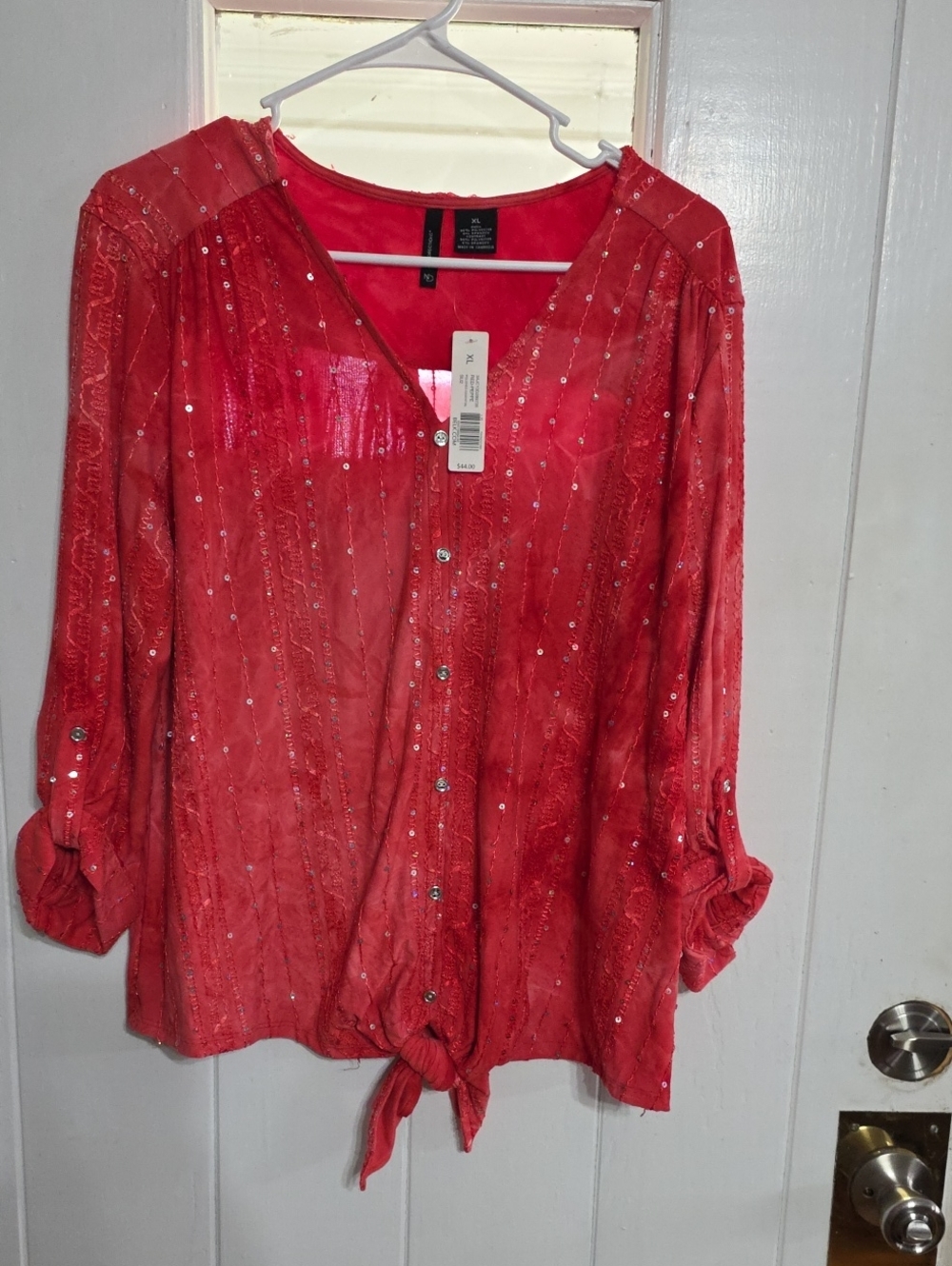 NWT New Directions Women's Blouse Reddish Coral Blingy Ties At Hem Stretch Sz XL